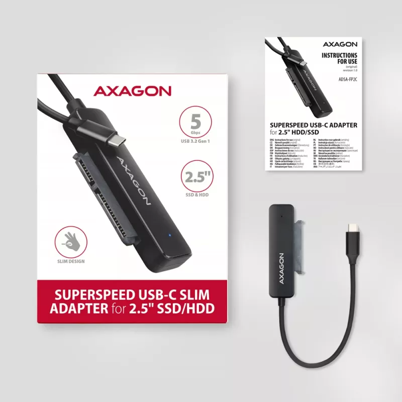 Axagon ADSA-FP2C adattatore USB-C 5Gbps - SATA 6G, 2.5 SSD/HDD SLIM - adattatore - schede di interfaccia digitali/dati/adattatori