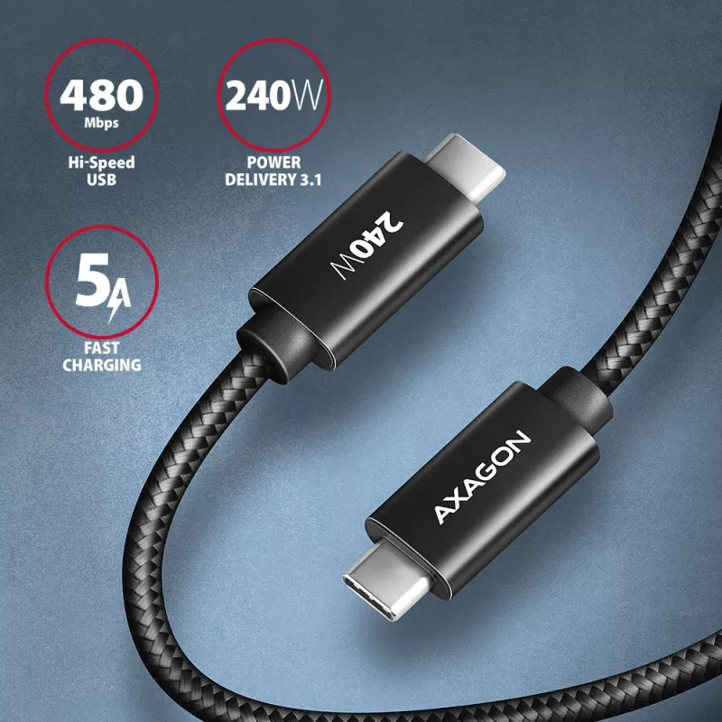 Axagon BUCM2-CM10AB cavo dati e ricarica USB 480Mbps 1 m, PD 240W, 5A, nero intrecciato