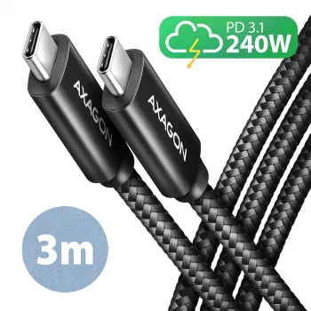 Axagon BUCM2-CM30AB cavo dati e ricarica USB 480Mbps 3 m. PD 240W, 5A. Nero intrecciato