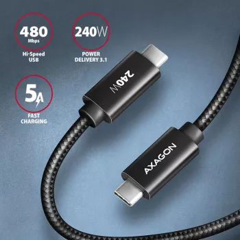Axagon BUCM2-CM30AB cavo dati e ricarica USB 480Mbps 3 m. PD 240W, 5A. Nero intrecciato