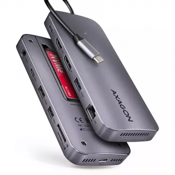 Axagon HMC-12GM2, hub USB 10 Gbps, 3x USB-A, USB-C, HDMI, DP, RJ-45, M.2, SD/mSD, audio, PD