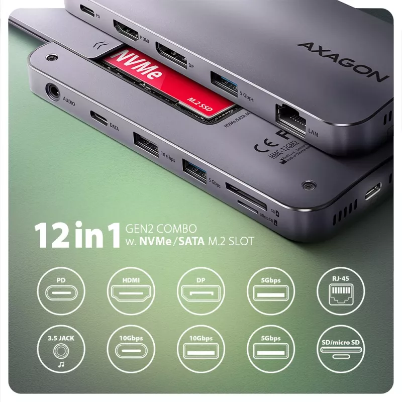 Axagon HMC-12GM2, hub USB 10 Gbps, 3x USB-A, USB-C, HDMI, DP, RJ-45, M.2, SD/mSD, audio, PD
