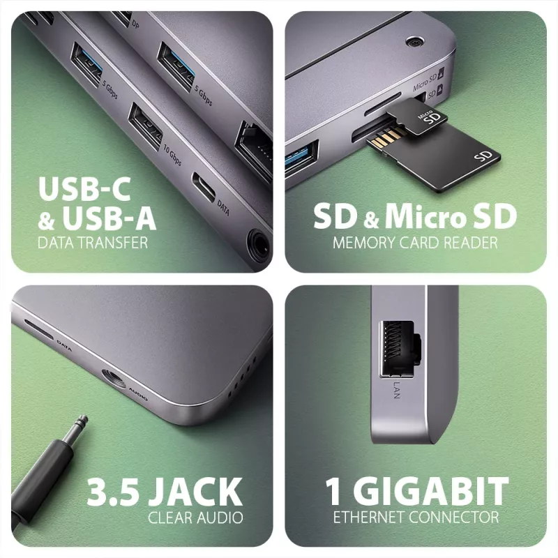 Axagon HMC-12GM2, hub USB 10 Gbps, 3x USB-A, USB-C, HDMI, DP, RJ-45, M.2, SD/mSD, audio, PD