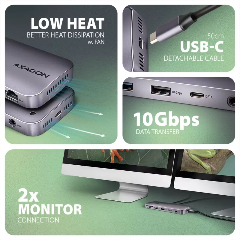 Axagon HMC-12GM2, hub USB 10 Gbps, 3x USB-A, USB-C, HDMI, DP, RJ-45, M.2, SD/mSD, audio, PD