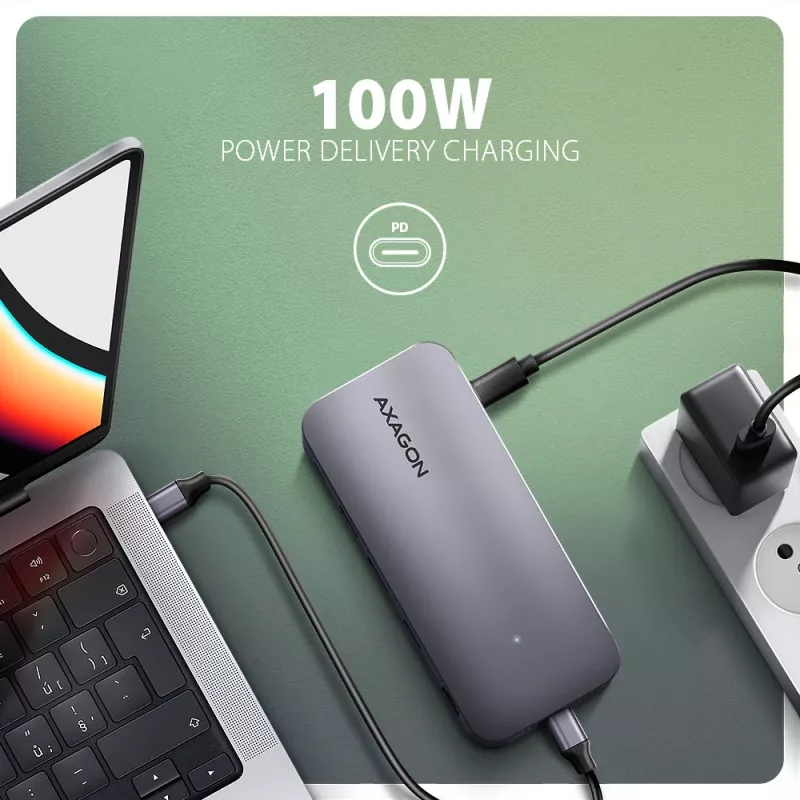Axagon HMC-12GM2, hub USB 10 Gbps, 3x USB-A, USB-C, HDMI, DP, RJ-45, M.2, SD/mSD, audio, PD