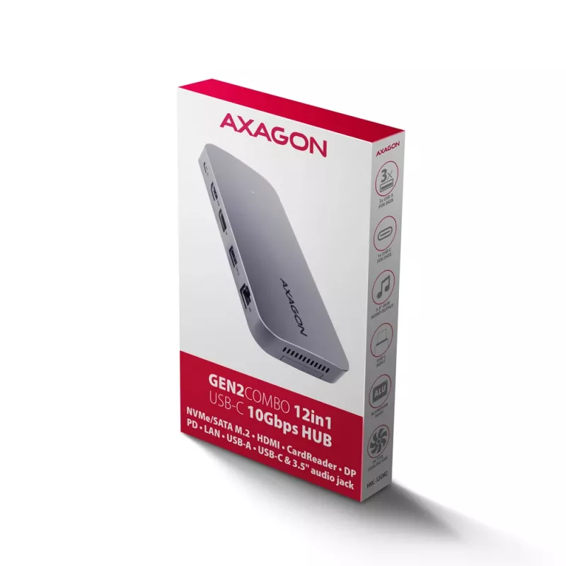 Axagon HMC-12GM2, hub USB 10 Gbps, 3x USB-A, USB-C, HDMI, DP, RJ-45, M.2, SD/mSD, audio, PD