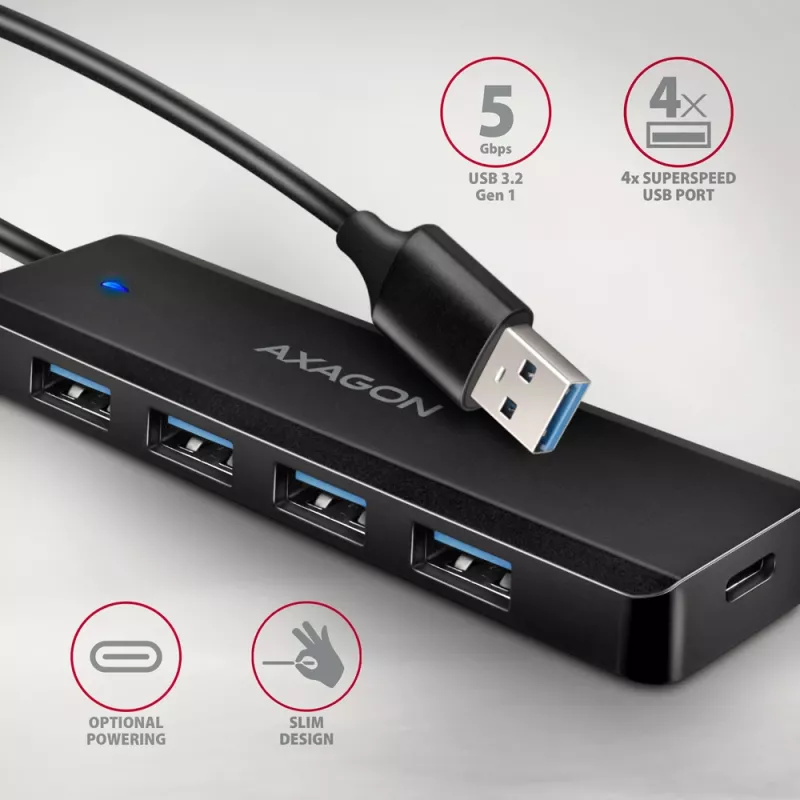 Axagon HUE-C1A hub TRAVEL 4x USB 5 Gbps, ingresso alimentazione USB-C, cavo USB-A 19 cm