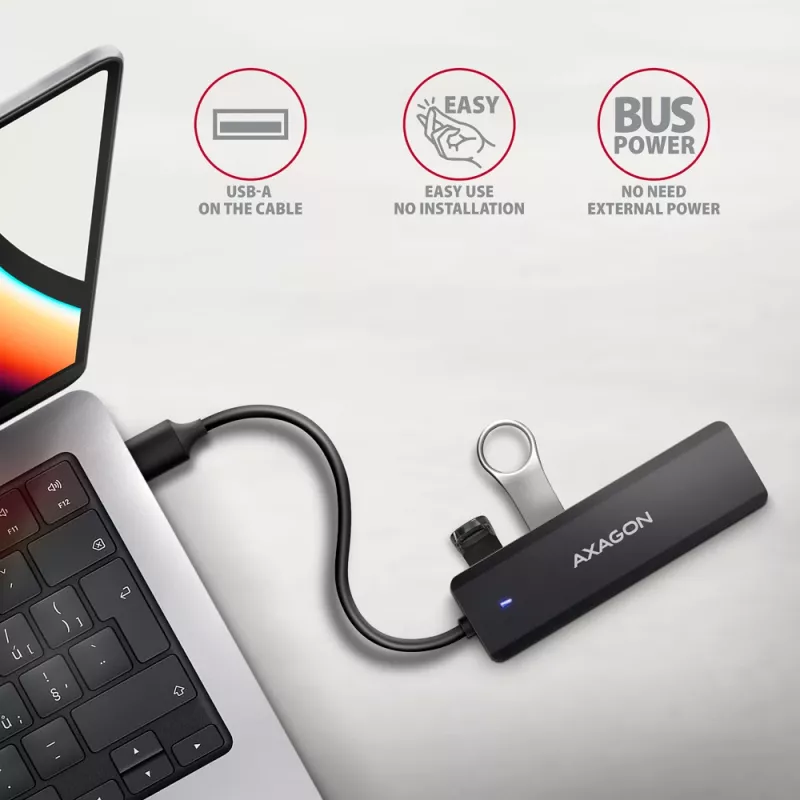 Axagon HUE-C1A hub TRAVEL 4x USB 5 Gbps, ingresso alimentazione USB-C, cavo USB-A 19 cm