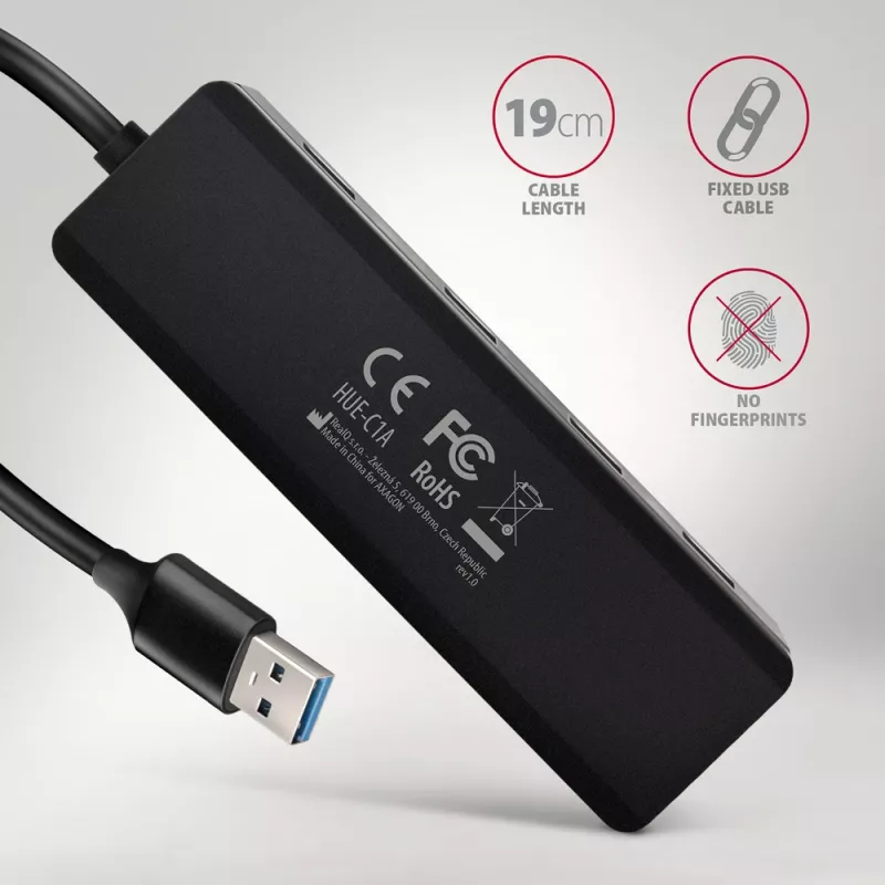 Axagon HUE-C1A hub TRAVEL 4x USB 5 Gbps, ingresso alimentazione USB-C, cavo USB-A 19 cm