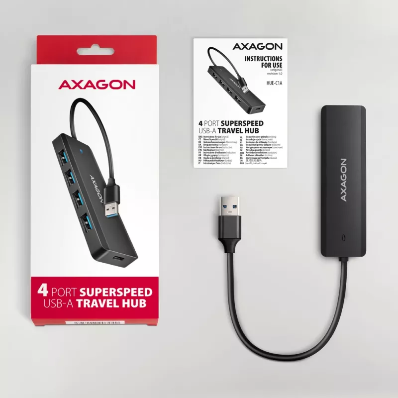 Axagon HUE-C1A hub TRAVEL 4x USB 5 Gbps, ingresso alimentazione USB-C, cavo USB-A 19 cm