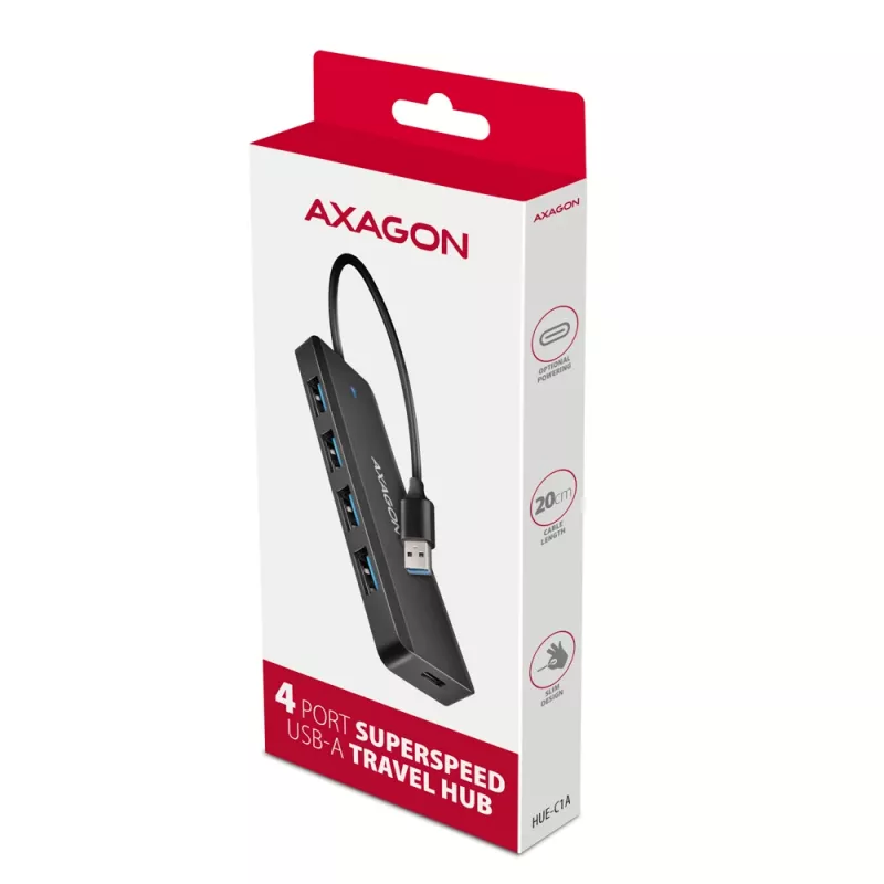 Axagon HUE-C1A hub TRAVEL 4x USB 5 Gbps, ingresso alimentazione USB-C, cavo USB-A 19 cm