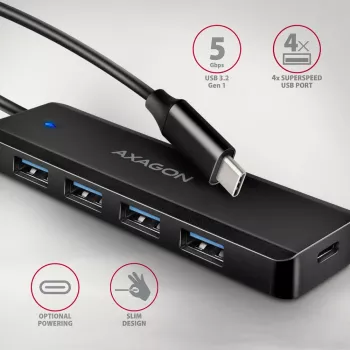 Axagon HUE-C1C hub TRAVEL 4x USB 5 Gbps, ingresso alimentazione USB-C, cavo USB-C 19 cm