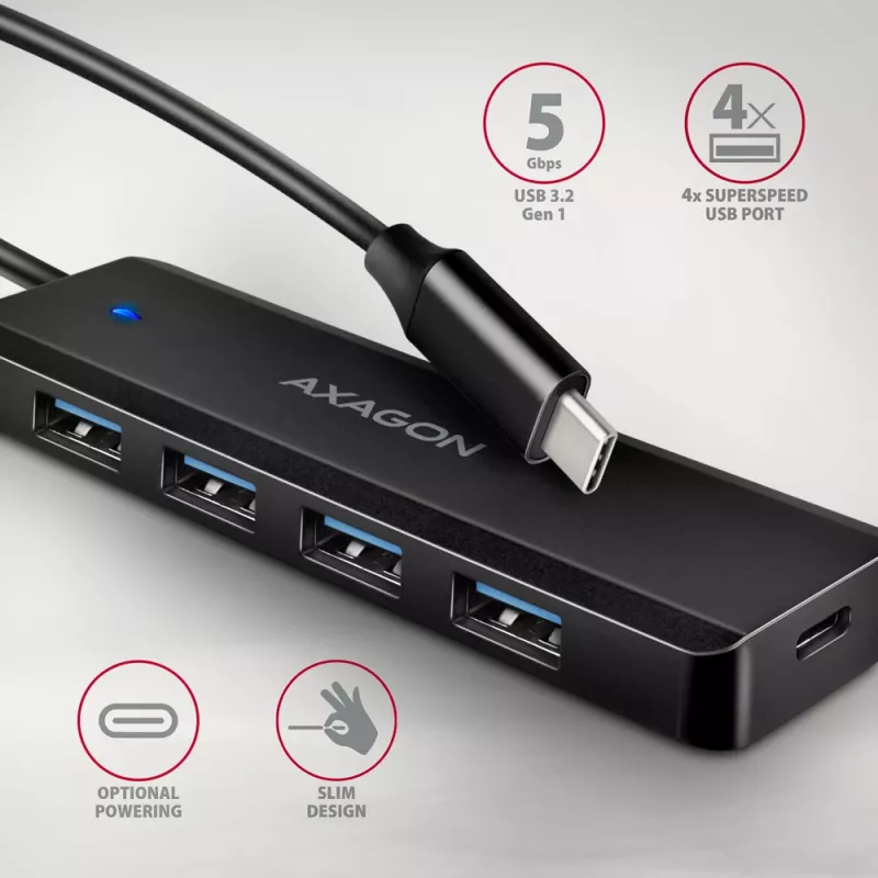 Axagon HUE-C1C hub TRAVEL 4x USB 5 Gbps, ingresso alimentazione USB-C, cavo USB-C 19 cm