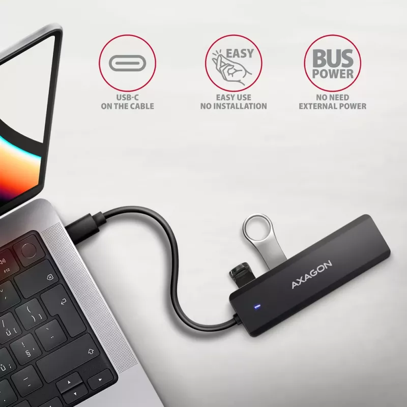 Axagon HUE-C1C hub TRAVEL 4x USB 5 Gbps, ingresso alimentazione USB-C, cavo USB-C 19 cm