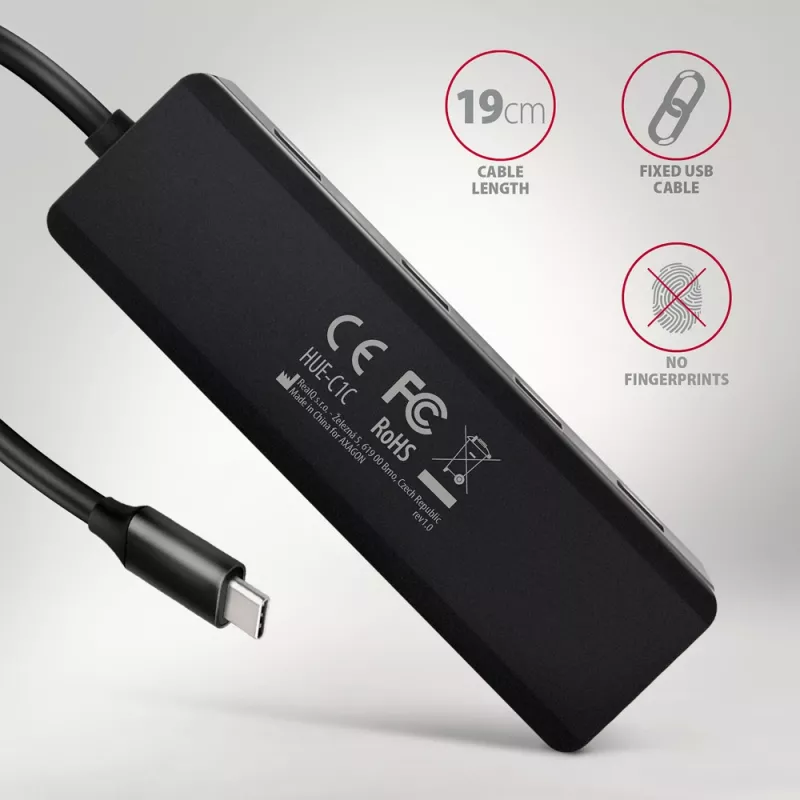 Axagon HUE-C1C hub TRAVEL 4x USB 5 Gbps, ingresso alimentazione USB-C, cavo USB-C 19 cm