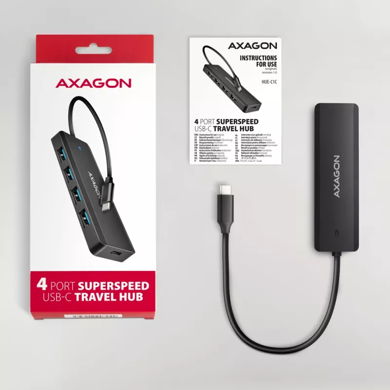 Axagon HUE-C1C hub TRAVEL 4x USB 5 Gbps, ingresso alimentazione USB-C, cavo USB-C 19 cm