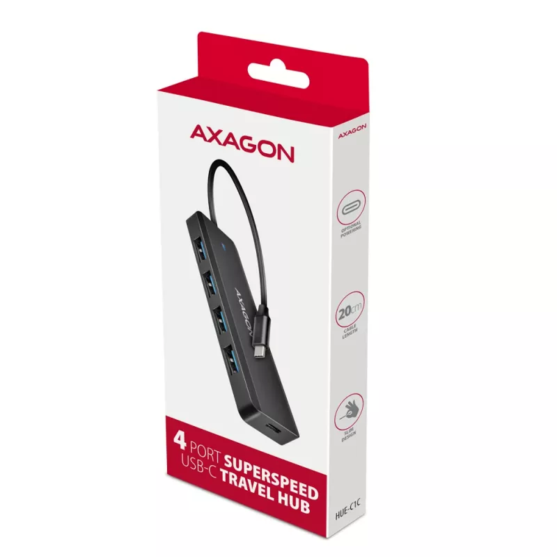 Axagon HUE-C1C hub TRAVEL 4x USB 5 Gbps, ingresso alimentazione USB-C, cavo USB-C 19 cm