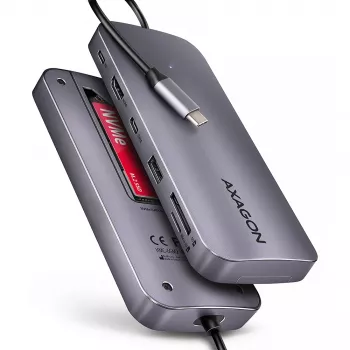 Axagon HMC-6GM2 USB 10Gbps Hub USB-A USB-C HDMI M.2 SD/mSD PD 100W USB-C Kabelgebunden USB 3.2 Gen 2 (3.1 Gen 2) Type-C grigio