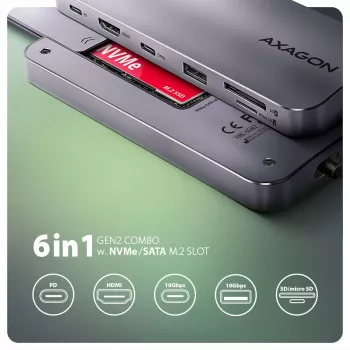 Axagon HMC-6GM2 USB 10Gbps Hub USB-A USB-C HDMI M.2 SD/mSD PD 100W USB-C Kabelgebunden USB 3.2 Gen 2 (3.1 Gen 2) Type-C grigio