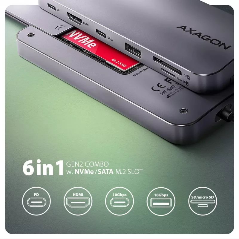Axagon HMC-6GM2 USB 10Gbps Hub USB-A USB-C HDMI M.2 SD/mSD PD 100W USB-C Kabelgebunden USB 3.2 Gen 2 (3.1 Gen 2) Type-C grigio