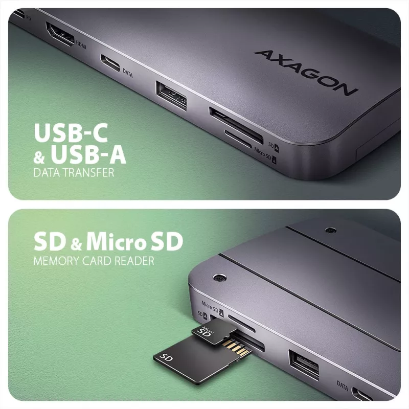 Axagon HMC-6GM2 USB 10Gbps Hub USB-A USB-C HDMI M.2 SD/mSD PD 100W USB-C Kabelgebunden USB 3.2 Gen 2 (3.1 Gen 2) Type-C grigio