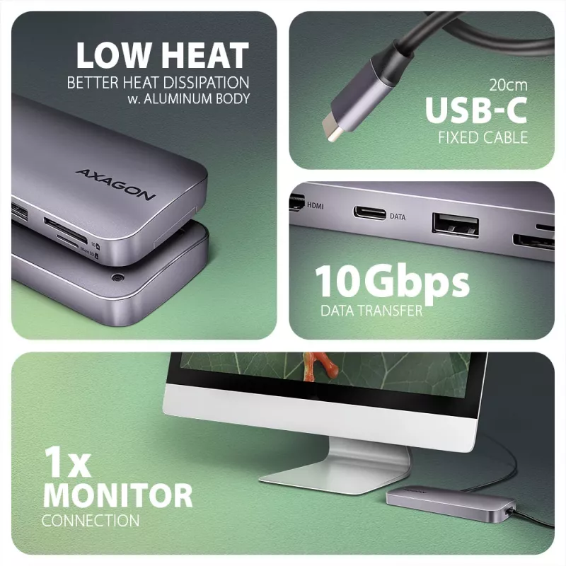 Axagon HMC-6GM2 USB 10Gbps Hub USB-A USB-C HDMI M.2 SD/mSD PD 100W USB-C Kabelgebunden USB 3.2 Gen 2 (3.1 Gen 2) Type-C grigio