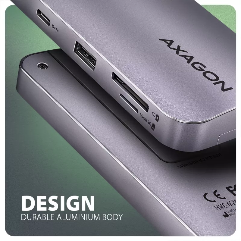 Axagon HMC-6GM2 USB 10Gbps Hub USB-A USB-C HDMI M.2 SD/mSD PD 100W USB-C Kabelgebunden USB 3.2 Gen 2 (3.1 Gen 2) Type-C grigio