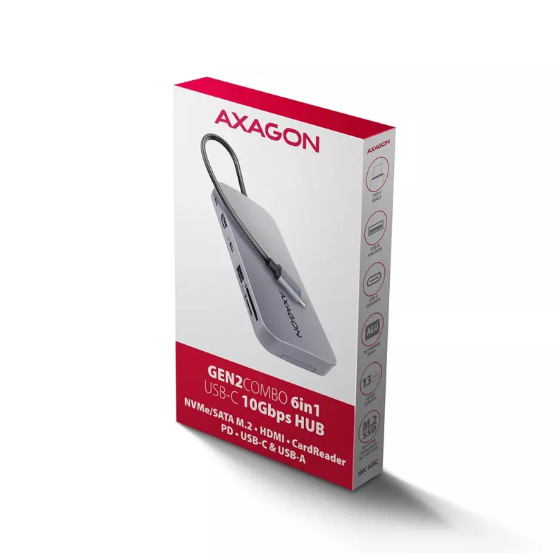 Axagon HMC-6GM2 USB 10Gbps Hub USB-A USB-C HDMI M.2 SD/mSD PD 100W USB-C Kabelgebunden USB 3.2 Gen 2 (3.1 Gen 2) Type-C grigio