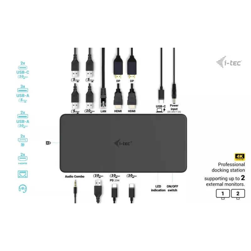 Docking station i-tec USB 3.0 / USB-C / Thunderbolt 3 Professional Dual 4K Display Generation 2 + Power Delivery 100W