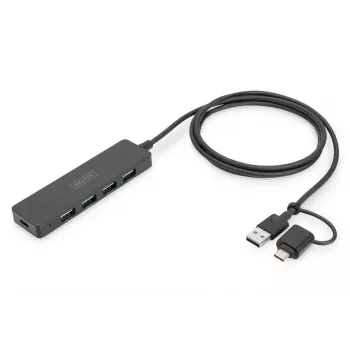 DIGITUS hub USB 3.0 4 porte Slimline con adattatore USB-C 5Gbps cavo 1m