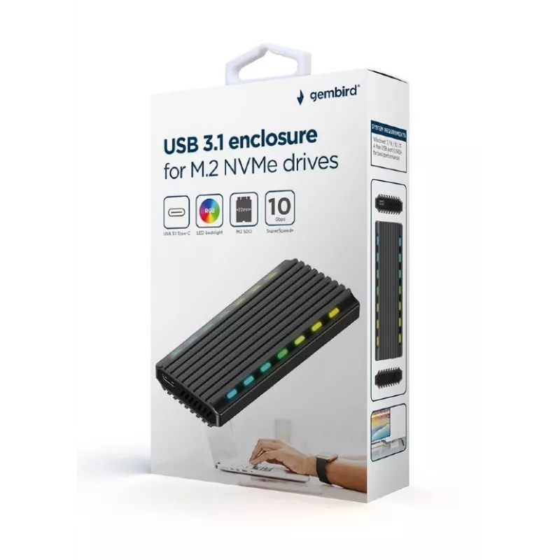GEMBIRD EE2280-U3C-03 box esterno per SSD M.2 NVMe/SATA, USB 3.1 Gen 2 (10 Gbit/s), USB Type-C, RGB, alluminio