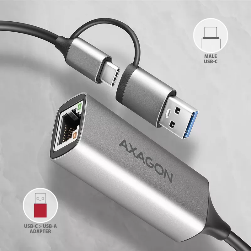 Axagon ADE-TXCA USB-C + USB-A 3.2 Gen 1 - Adattatore Gigabit Ethernet, Asix AX88179