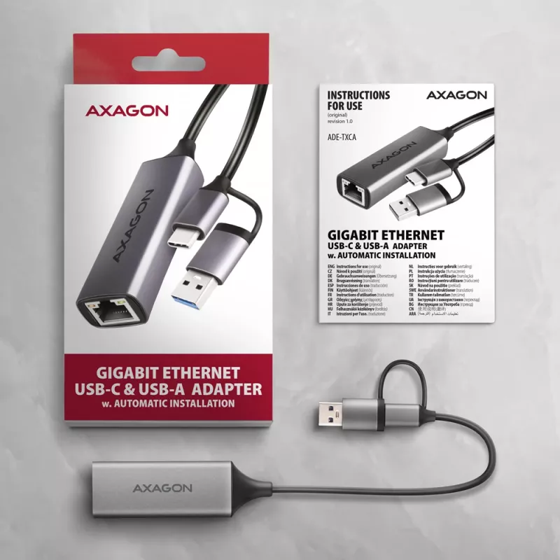 Axagon ADE-TXCA USB-C + USB-A 3.2 Gen 1 - Adattatore Gigabit Ethernet, Asix AX88179