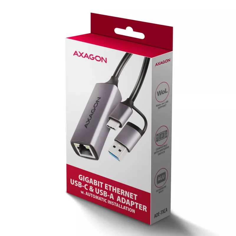 Axagon ADE-TXCA USB-C + USB-A 3.2 Gen 1 - Adattatore Gigabit Ethernet, Asix AX88179