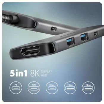 Hub Axagon HMC-5H8K USB 5Gbps 2x USB-A USB-C HDMI 8k/30Hz PD 100W cavo USB-C con filo USB 3.2 Gen 1 (3.1 Gen 1) Type-C grigio
