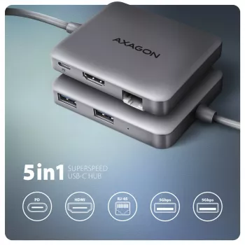 Hub Axagon HMC-5HL USB 5Gbps, 2x USB-A, HDMI 4K/60Hz, RJ-45, PD 100W, cavo USB-C 20cm