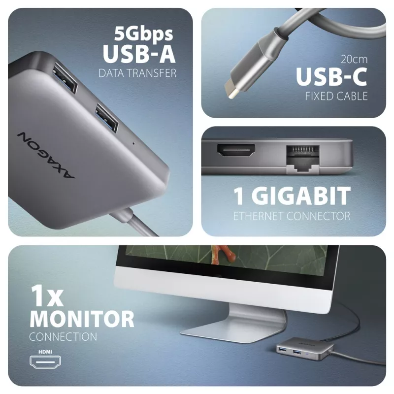 Hub Axagon HMC-5HL USB 5Gbps, 2x USB-A, HDMI 4K/60Hz, RJ-45, PD 100W, cavo USB-C 20cm