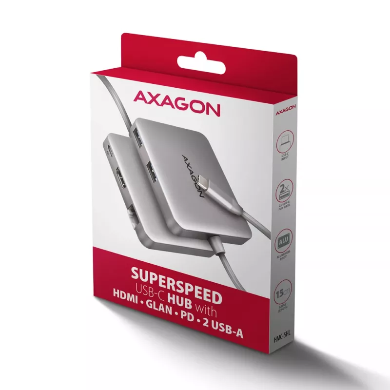 Hub Axagon HMC-5HL USB 5Gbps, 2x USB-A, HDMI 4K/60Hz, RJ-45, PD 100W, cavo USB-C 20cm