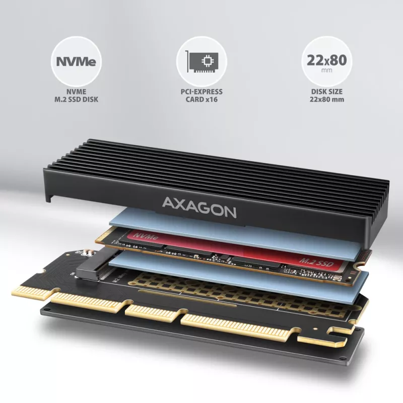 Axagon PCEM2-XS PCIe x16 - Adattatore M.2 NVMe M-Key, con dissipatore passivo in alluminio