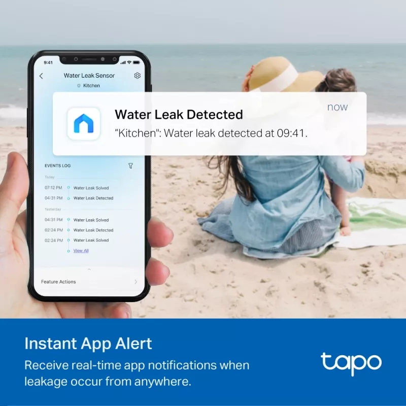 Sensore di perdite d'acqua TP-Link Tapo T300 Wi‑Fi, allarme regolabile 90 dB, IP67, batteria (2×AAA), richiede hub