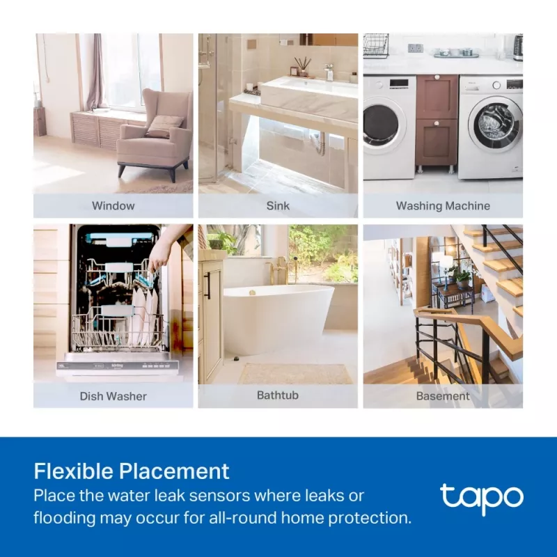 Sensore di perdite d'acqua TP-Link Tapo T300 Wi‑Fi, allarme regolabile 90 dB, IP67, batteria (2×AAA), richiede hub