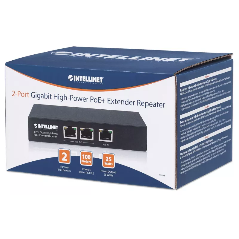 Extender repeater Intellinet 2 porte Gigabit High-Power PoE+, IEEE 802.3at/af Power over Ethernet (PoE+/PoE), metallo