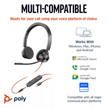 HP Poly Blackwire 3325 cuffie stereo Microsoft Teams Certified USB-C +spina 3.5mm +adattatore USB-C/A