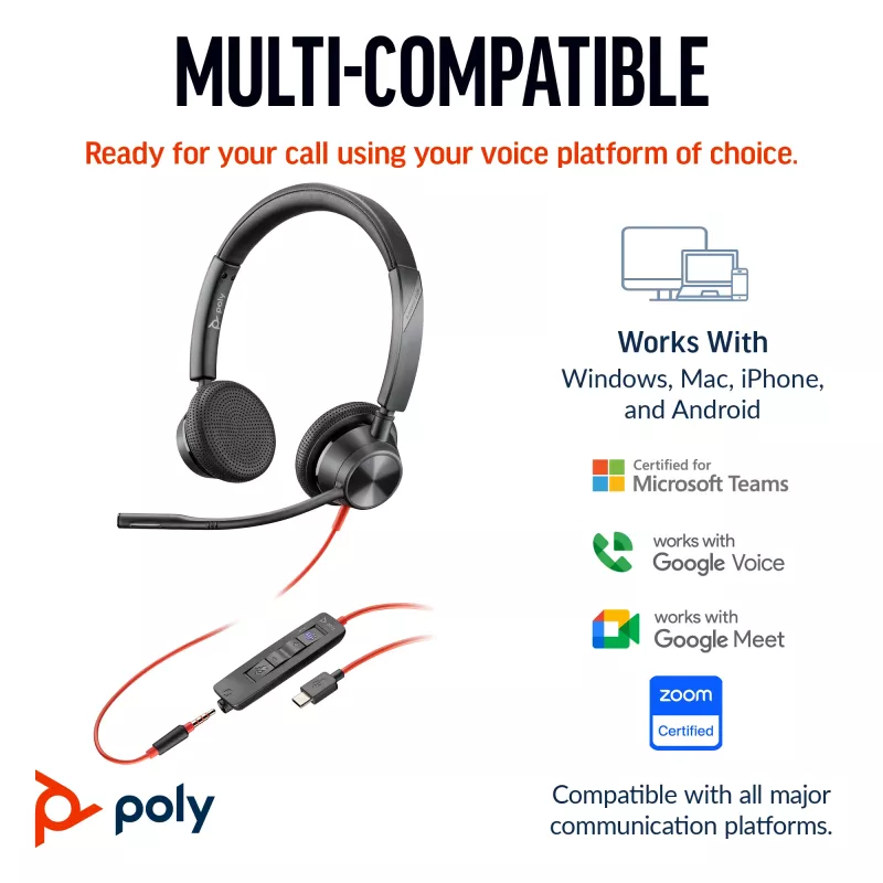 HP Poly Blackwire 3325 cuffie stereo Microsoft Teams Certified USB-C +spina 3.5mm +adattatore USB-C/A