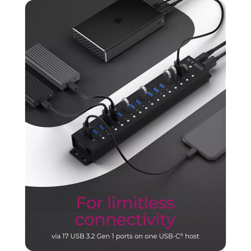 ICY BOX Hub 17 porte con interfaccia USB 3.2 Gen 1 Type-A, USB 3.2 Gen 1 (3.1 Gen 1) Type-A, USB 3.2 Gen 1 (3.1 Gen 1) Type-A, USB Type-B, 5000 Mbit/s, nero, Cina, DC