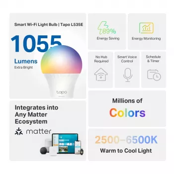 TP-Link Tapo Smart Light Bulb, Multicolor, Matter, lampadina smart, Wi-Fi/Bluetooth, bianco, 802.11b, 802.11g, Wi-Fi 4 (802.11n), WPA-PSK, WPA2-PSK, WPA3-SAE, LED