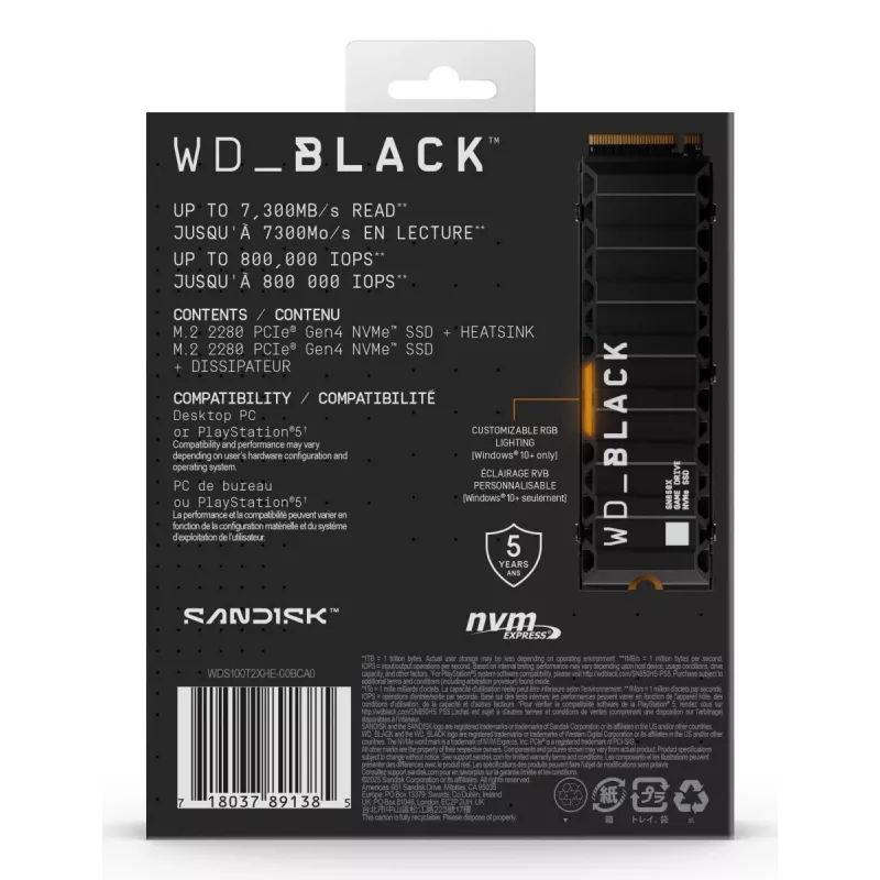 WESTERN DIGITAL SSD - WD_BLACK SN850X - 1 TB - PCIe Gen4 x4 - M.2 2280 - con dissipatore
