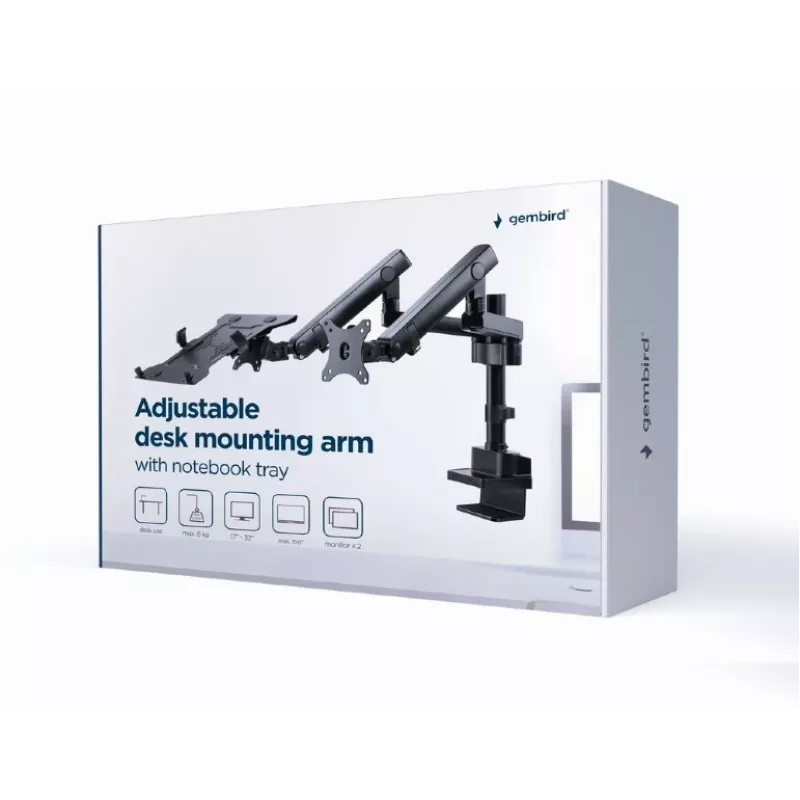 GEMBIRD Braccio monitor regolabile per montaggio a tavolo con supporto per notebook (completamente orientabile)