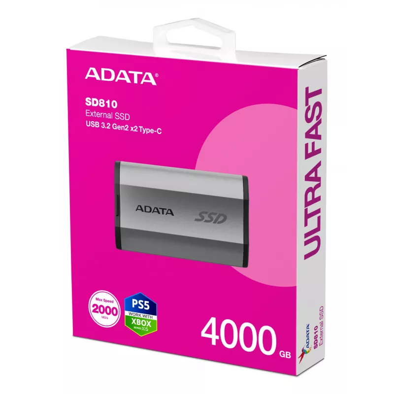 SSD portatile ADATA SD810 4 TB, USB Type-C, USB 3.2 Gen 2x2, 2000 MB/s in lettura/scrittura, IP68 case in alluminio