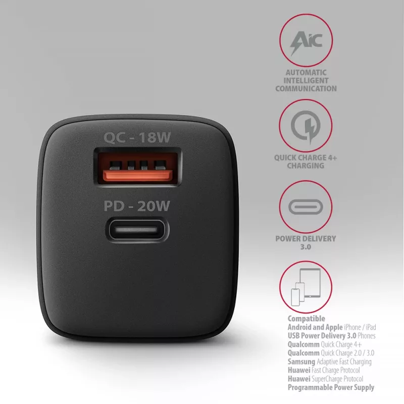 Caricabatterie da parete Axagon ACU-PQ20 QC3.0 PD Type-C 20W nero